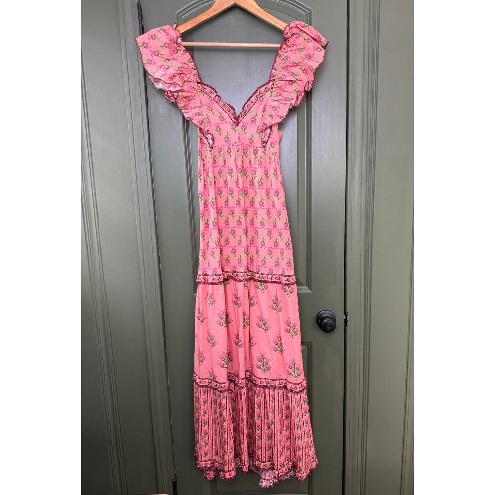 NWT Saylor Zarina Floral Bouquet Block Print Resort Midi Dress Coral Pink Small